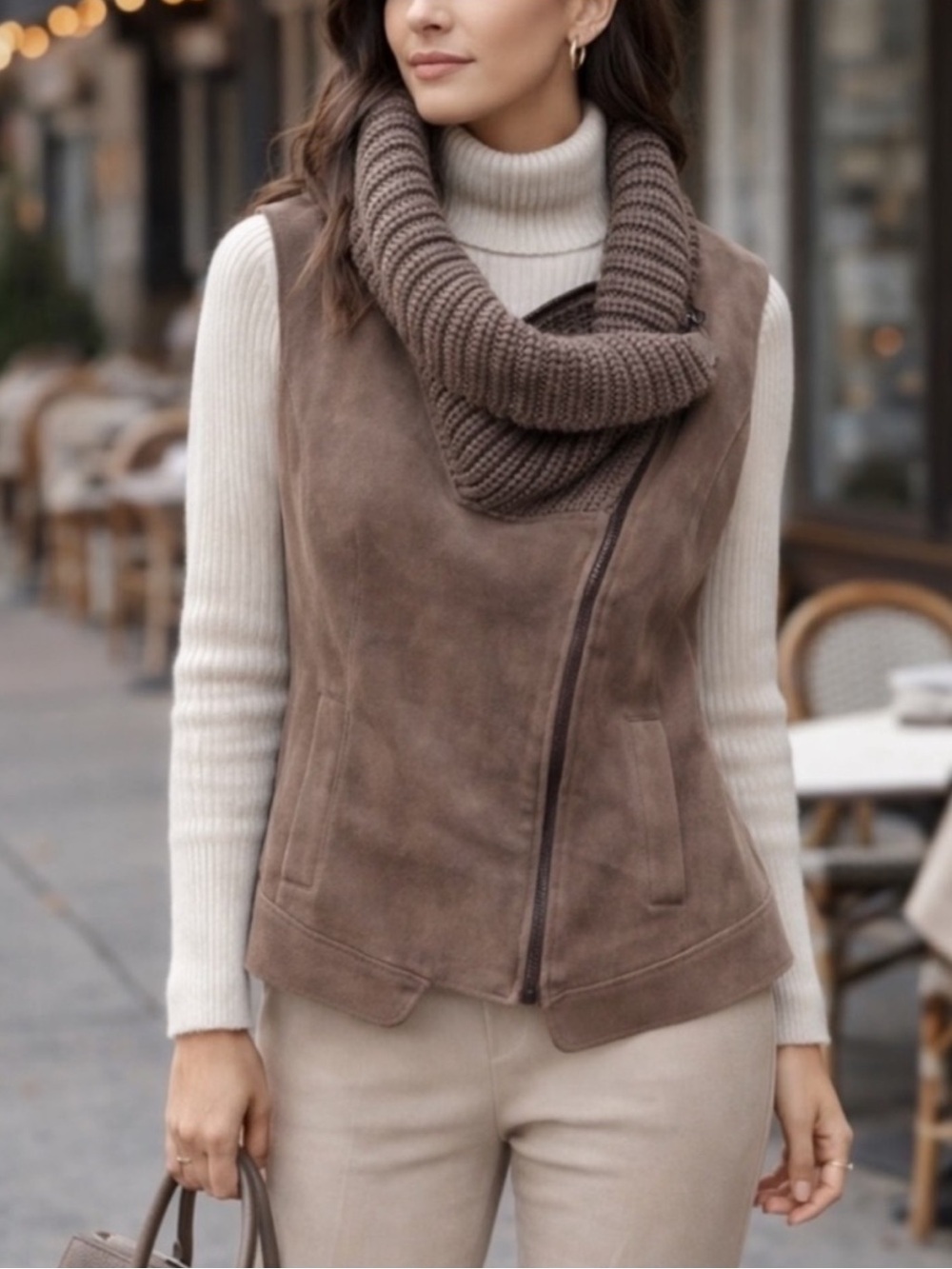 ETCETERA Genuine Suede Moto Vest Wool Knit Cowl Neck Fawn Brown Zip Women’s 14